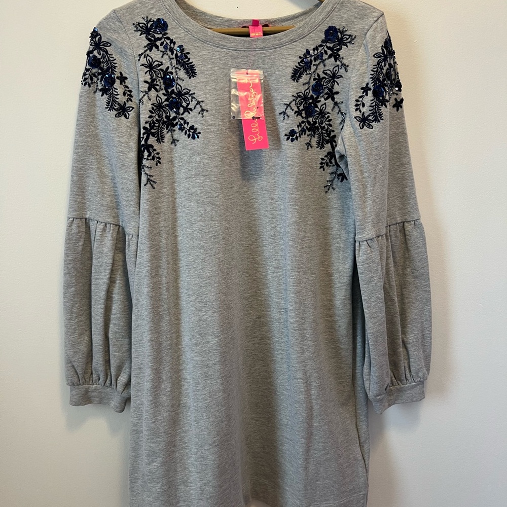 Lilly Pulitzer Gray Dress with Navy Floral Jewel Embroidery